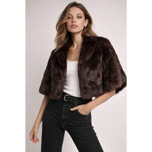 Genuine Rabbit Fur Mahogany Crop Wrap Stole Shawl Collar Coat